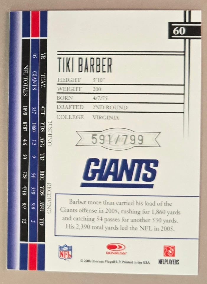 2006 Leaf Limited SP #d /799 Tiki Barber #60 New York Giants HOF - Image 2 of 2