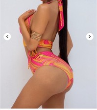 Vibrant Swirl High-Waisted Bikini Set with Halter Neck Tie
