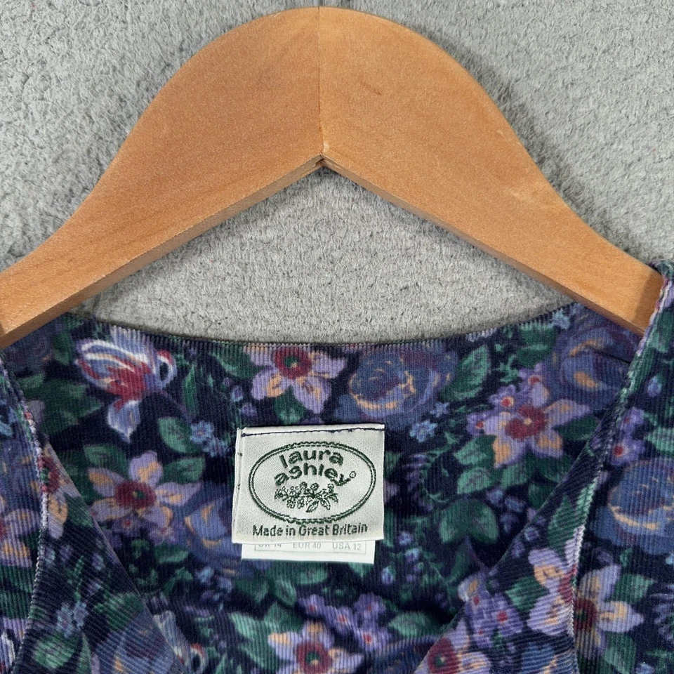 Vintage 90s Laura Ashley Corduroy Dress Womens 12 Blue Floral Maxi Made in GB - Image 3 of 4