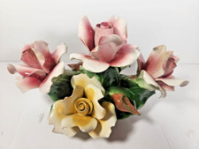 Large Vintage Capodimonte Roses Basket Centerpiece Pink Cream 9.5" Made in Italy