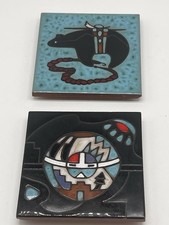 Pair Vintage Cleo Teissedre Handcrafted Tiles Coaster Trivet Wall Art USA