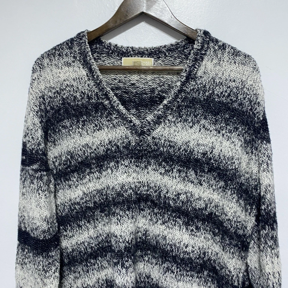 Suéter Michael Kors Mujer XL Negro Gris Rayas Cuello en V Tejido Mármol Manga Larga Foto 2 de 4