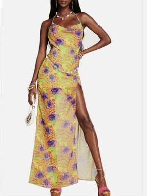 I AM GIA Hibiscus Floral Print Cowl Neck Spaghetti Strap Maxi Dress Thigh Slit S