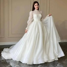 A-Line Wedding Dress Women High Neck Long Puff Sleeves Lace Organza Bridal Gowns