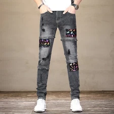 New ripped color printed patch jeans slim-fitting small-footed mid-waist pants