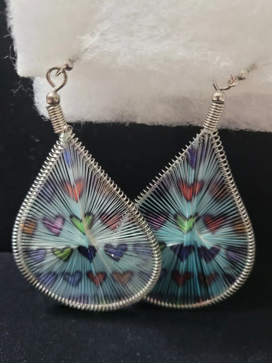 Silk Thread Earrings Native String Design Dangle Colored Hearts