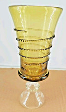 10" Hand Blown Amber  Clear Art Glass Vase Swirl Design Applied Murano Inspired