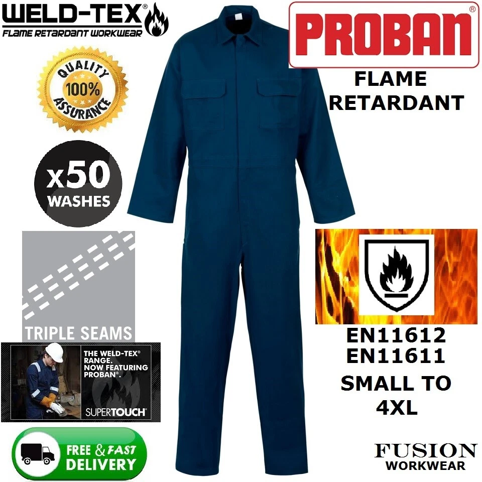 PROBAN, SUPERTOUCH. WELDING COVERALLS. PROBAN. FLAME RETARDANT,COTTON OVERALLS,WELDING,GRINDING.BLUE