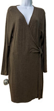 Express Dress Midi Wrap Surplice Side-Tie Soft Knit Brown LS Women's Size L NWT