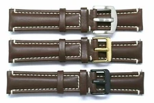 20mm Dark Brown Leather White Stitching Watch Strap Silver, Gold, Black Buckle