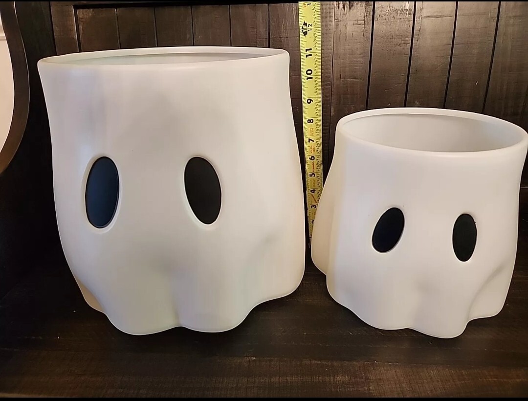 Halloween Ghost Blowmold Buckets Set Of 2 Planter Pot Halloween 8.25" &  11.25" | eBay