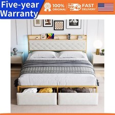 ?King Size Bed Frme Pltform Bed Frme W/LED Lights Chrging Sttion Drwers