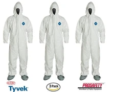 3- Tyvek Disposable Protective Coveralls Cleaning Painting Spray Suits Hood Boot