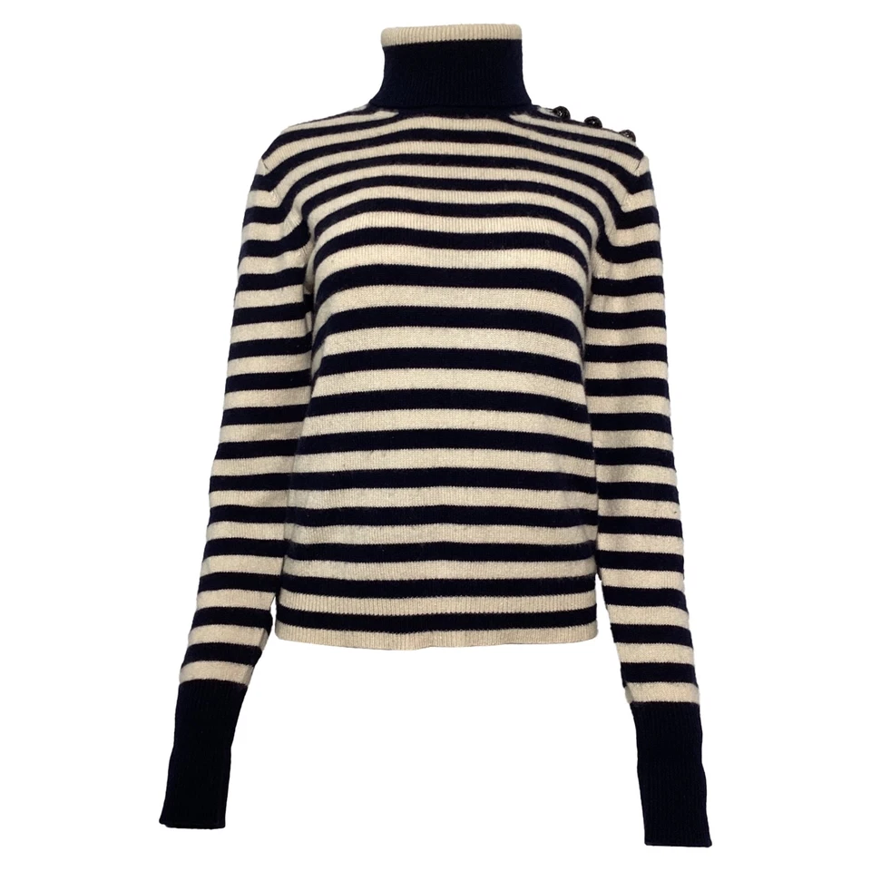 Chloe Striped Turtleneck Sweater In Navy And Cream Wool Women Blue Size 36