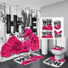 Pink Rose Valentines 4 Pcs Shower Curtain Sets Non-Slip Rugs Bath Mat Toilet ...