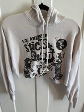 Beige Cropped Graphic Print Pullover Hoodie Women's Long Sleeve GUC