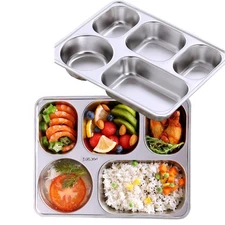 Set of 2 Stainless Steel Rectangular Divided Plates Tray 5 Sections Dinner Pl...