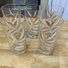 5 Vtg Libby Black Ash Gold & White Leaf Pattern MCM Glass Tumblers #1706