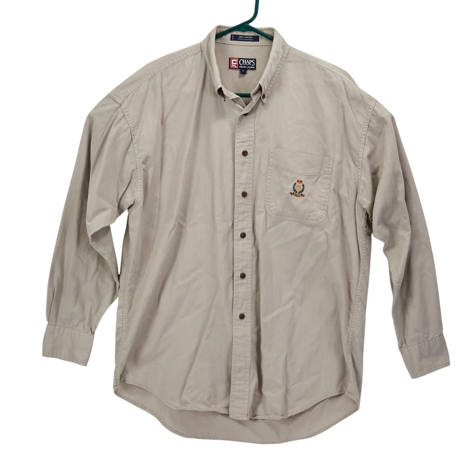 Vtg 90s Chaps Ralph Lauren Mens L Button down Shirt Khaki Pocket Crest Logo CRL - Image 2 of 4