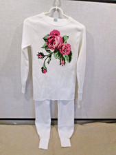 Women's Thermal Underwear Set Long Johns White w Rose Graphic Size M Made in USA