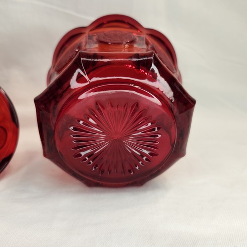 Fostoria Ruby Red 6.25" Tall Coin Glass Scalloped Candy Dish w/Lid Candlesticks - Picture 13 of 14