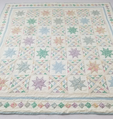 Vintage Handarbeit schöne ''8-Punkt Stern'' Muster bunte Decke 82x79 Zoll
