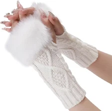 2 Pairs White Furry Fingerless Gloves Arm Warmers Fluffy Winter Knitting Soft Th
