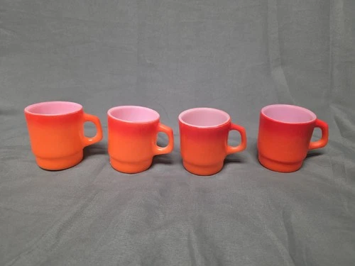 Vintage 1960s Anchor Hocking Fire King Orange Ombre Milk Glass Mugs Set Of 4
