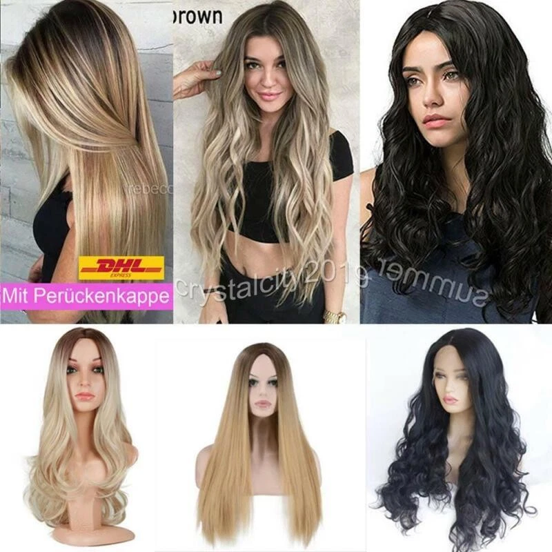 MARKENLOS Damen Lang Perücken Langhaarperücke wie Echthaar Ombre Blonde gerade gewellt NEU