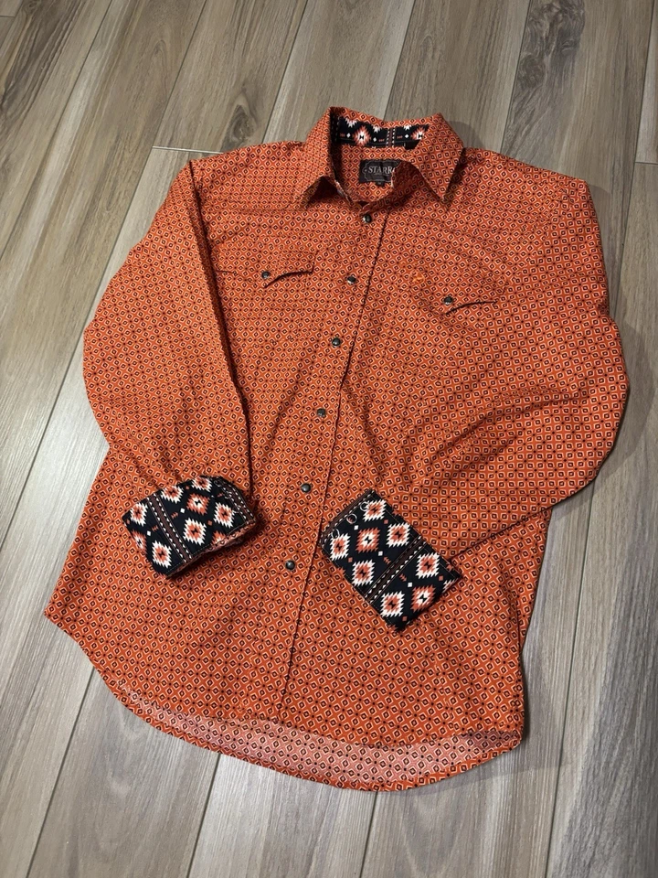 Camisa a Cuadros Starr Western Wear Pearl Snap Vaquero Suroeste Azteca Naranja Talla M Foto 2 de 4