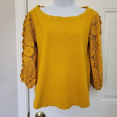 Anthropologie Gold 3/4 Crochet Sleeve Boat Neck Tie Back Knit Top Size Small