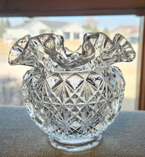 Fenton Clear Fine Cut and Block Ruffled Top Glass Vase Rose Bowl Small 4in Tall