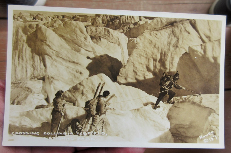 VINTAGE SNOW SKIING & CROSSING COLUMBIA ICE FIELDS, ALBERTA REAL PHOTO POSTCARD