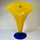 Blenko Glass 872 Fan Vase Opaline Yellow Cobalt Blue Vintage Signed 2000