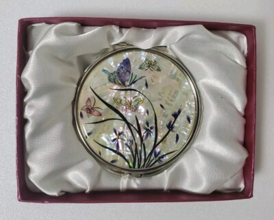 Mother of Pearl Orchid/Butterfly Compact Cosmetic Makeup Hand Mirror - US SELLER