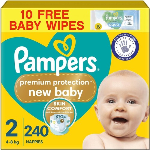 Pampers Premium Protection New Baby Size 2, 240 Nappies, 4Kg-8Kg, Monthly Pack