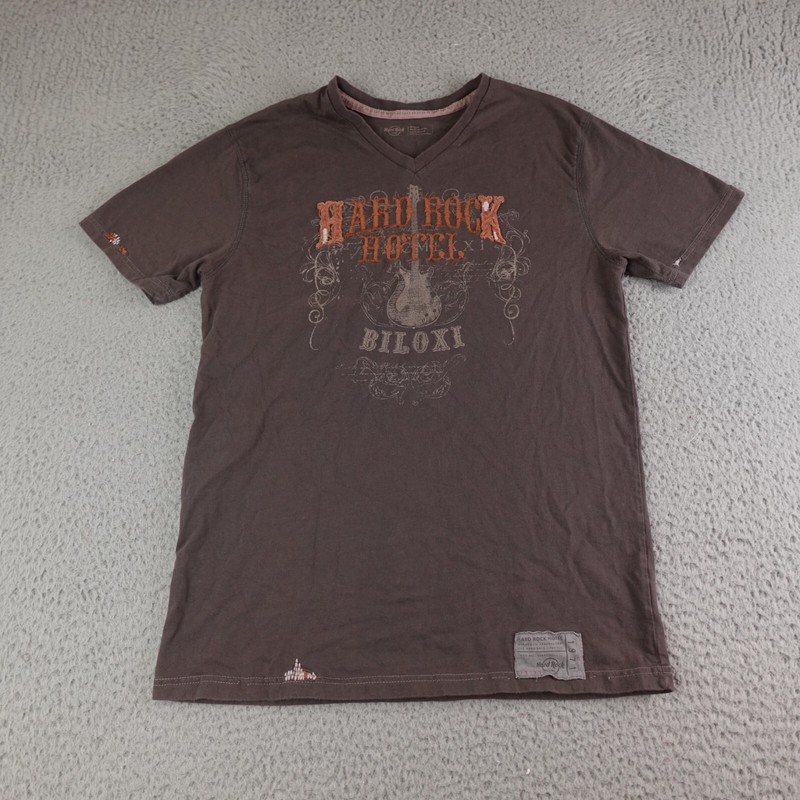 Hard Rock Hotel Casino Shirt Mens Medium Brown Short Sleeve V-Neck Biloxi MS