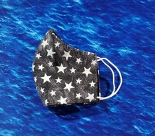 Washable Handmade Fabric Face Mask filter pocket WHITE STARS ON BLACK  GRAY