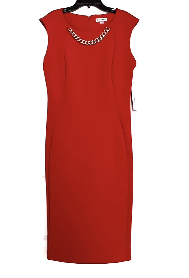 calvin klein red scuba dress Calvin Klein Womens Dress Scuba 6 Red Fitted Gold Rivet Work Career  Business NEW