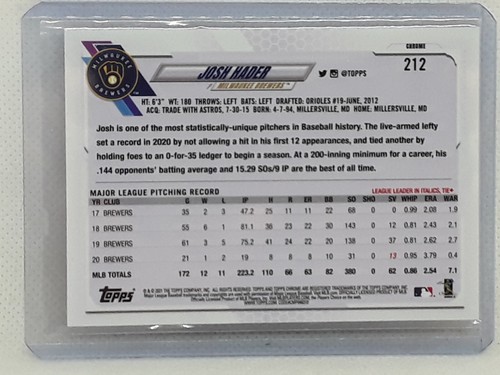 Josh Hader 2021 Topps Chrome Baseball - X-Fractor #212 - Milwaukee Brewers - Picture 2 of 2