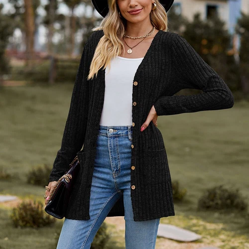 Damen Strickjacke Langarm vorne offen drapiert Pullover Knopfleiste Basic Cardigan - Bild 4 von 32