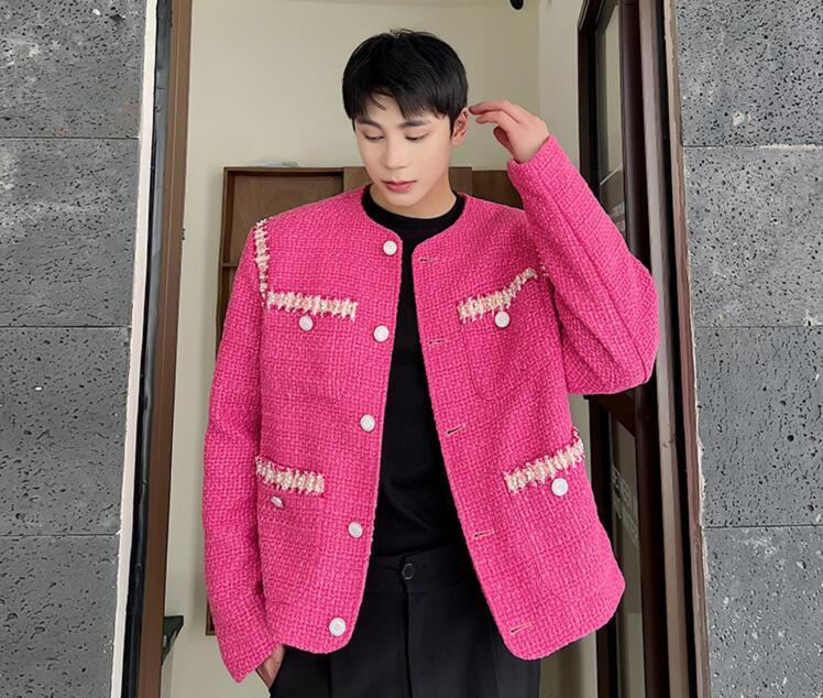ジャケット・アウター DAIRIKU Rib Collar Tweed Raglan Coat Men's Fashion Winter Round Collar Long Sleeve Color Matching