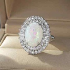 Elegant 925 Sterling Silver Rainbow Opal Charms Engagement Wedding Ring Size 10