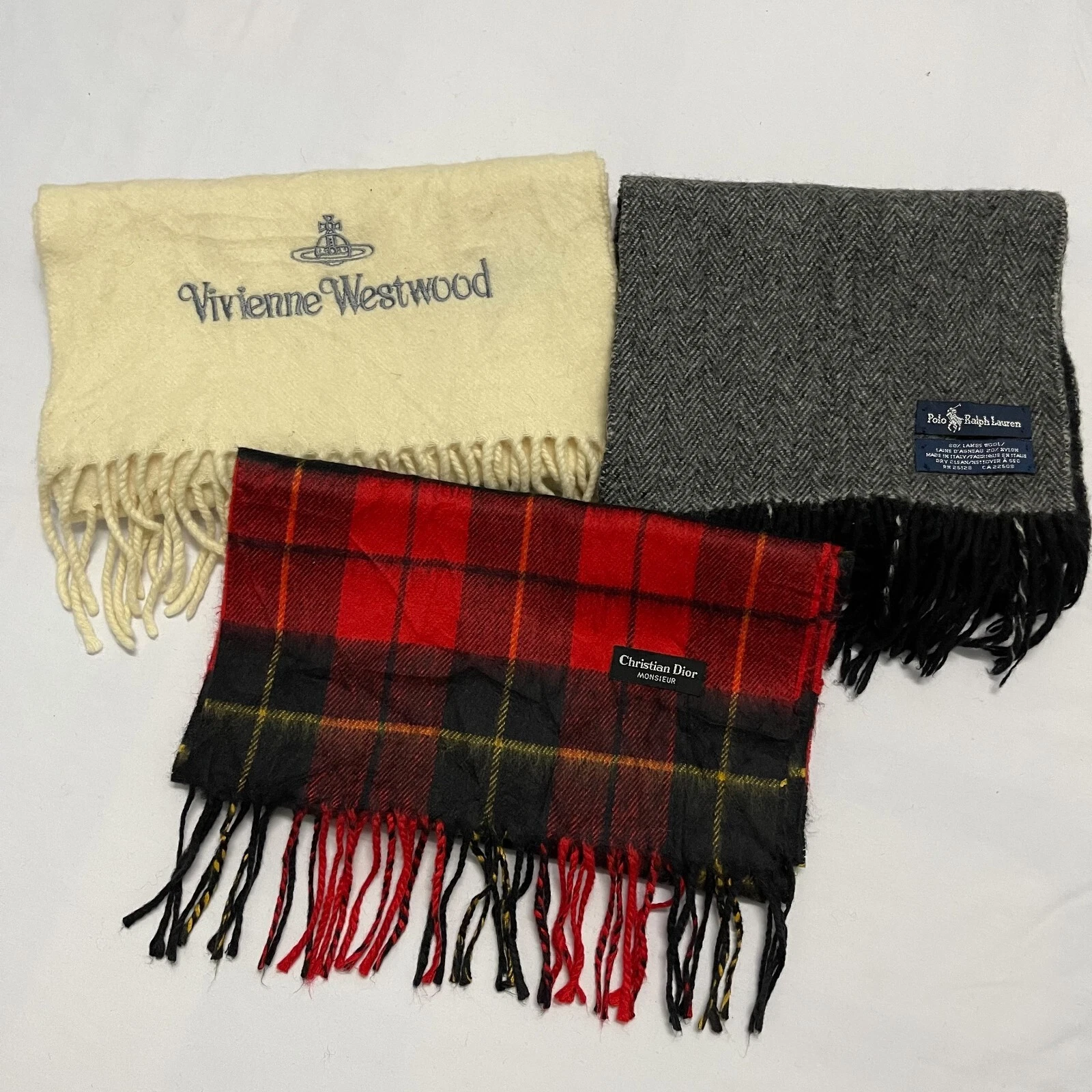 N489 Foulard 3 pièces Christian Dior Vivienne Westwood Polo Ralph Lauren laine tricot