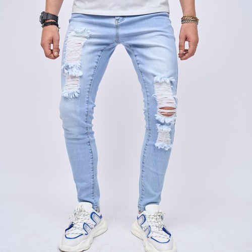 Freizeit Denim mit Löchern schmale Passform kleine Fußstretchjeans Herren einfarbige Hose - Bild 5 von 5