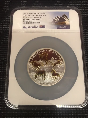 2017-P Australia Stock Horse Early Releases 5 oz Silver Gilt $8 Coin NGC PF70