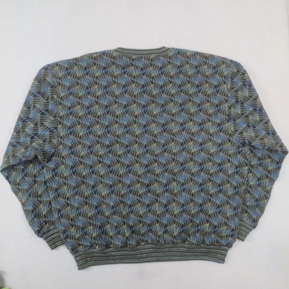 Suéter masculino vintage Jhane Barnes XXL azul cinza preto tecido geométrico leve anos 90 - Imagem 3 de 4