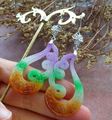 Pendientes de plata de ley 925 de 3 colores de jade flor de loto diamante imitación 393702 - Imagen 3 de 9