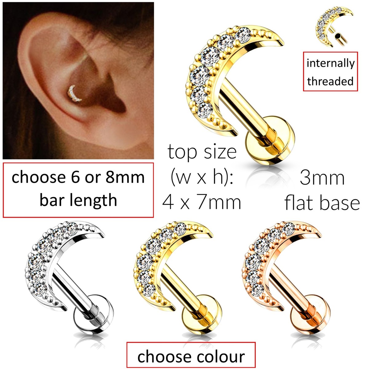 Crescent Moon Labret Internally threaded or 8mm Bar