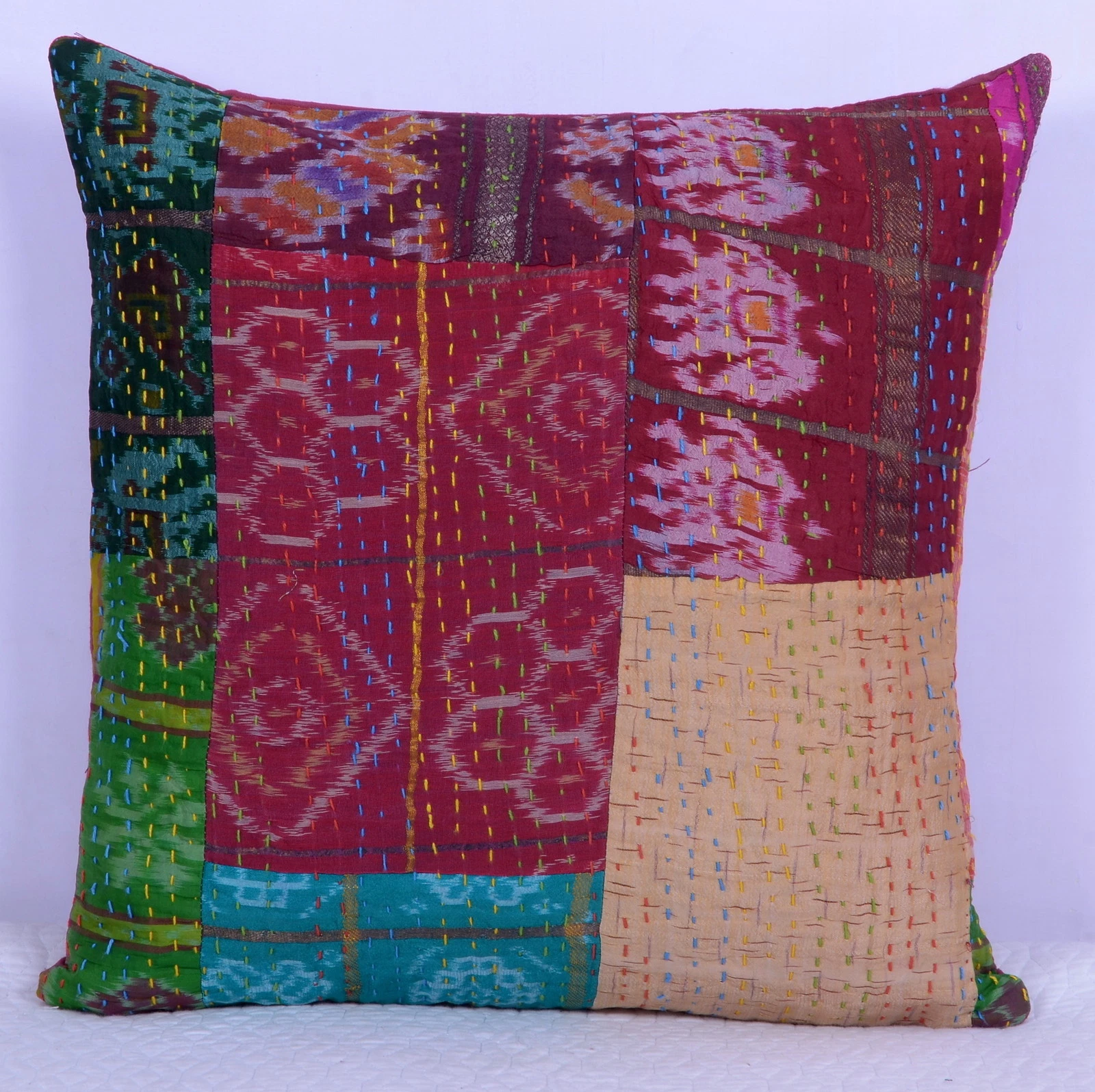 16" SILK KANTHA EMBROIDERED PATCHWORK PILLOW CUSHION COVER Throw Indian Decor